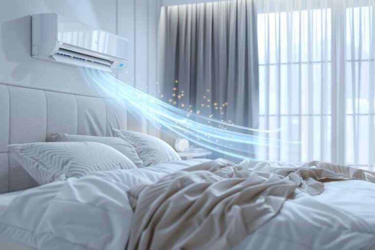 cozy-bedroom-with-white-air-conditioner-that-blows-nice-blue-wind-room-providing